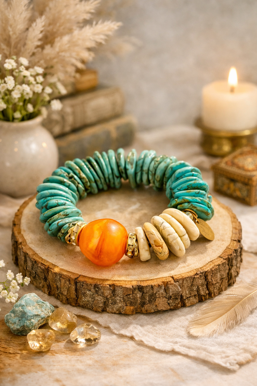 Turquoise Sunset Statement Bracelet with Orange Accent Bead