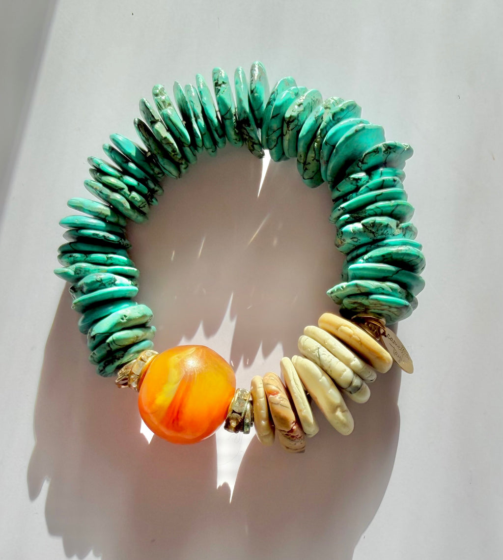 Turquoise Sunset Statement Bracelet with Orange Accent Bead