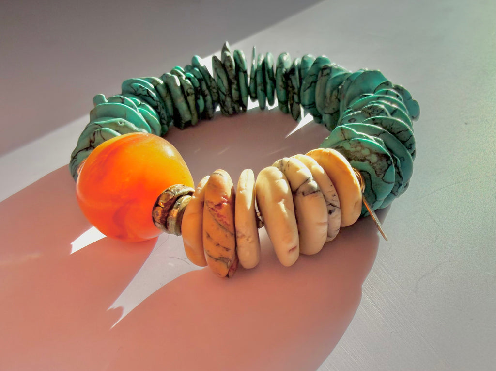 Turquoise Sunset Statement Bracelet with Orange Accent Bead