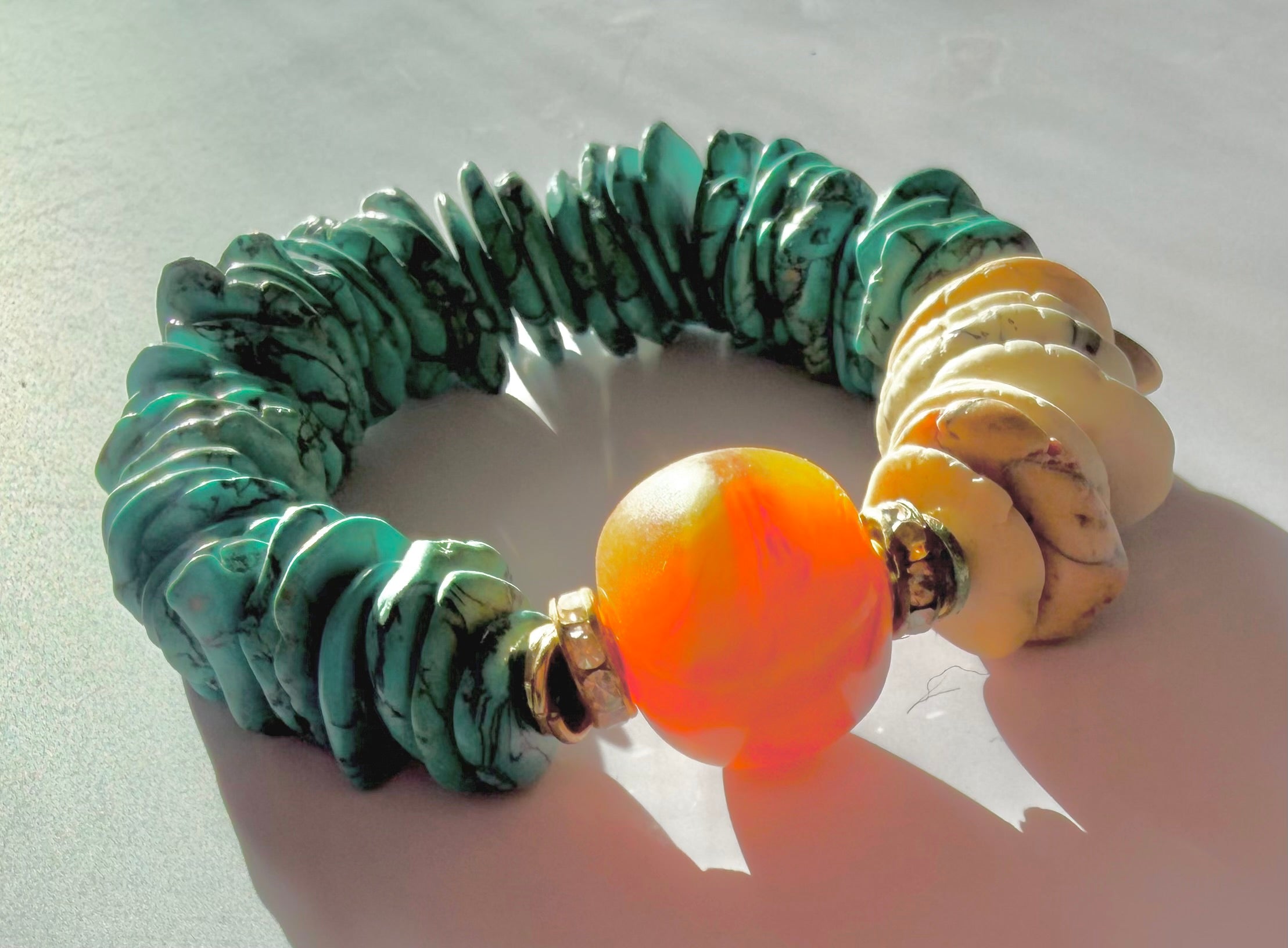 Turquoise Sunset Statement Bracelet with Orange Accent Bead